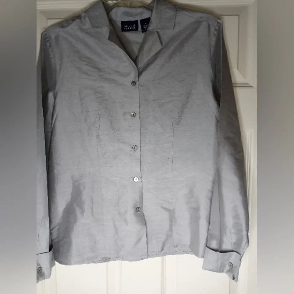 Hillard Hanson M GraySilver100% SILK LngSlve Cuffs ButtonUp Women's Shirt Blouse